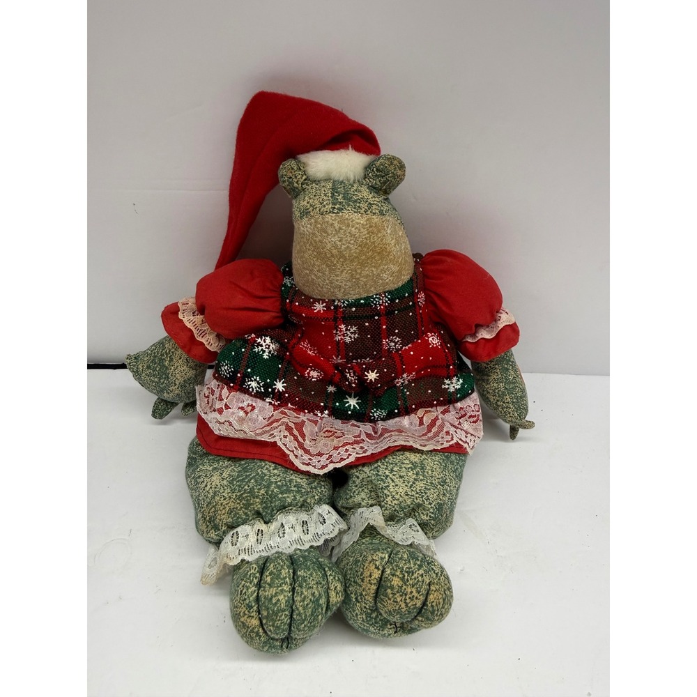 Primitive Christmas Frog Plush Handmade Folk Art Holiday Decor Red Plaid Dress